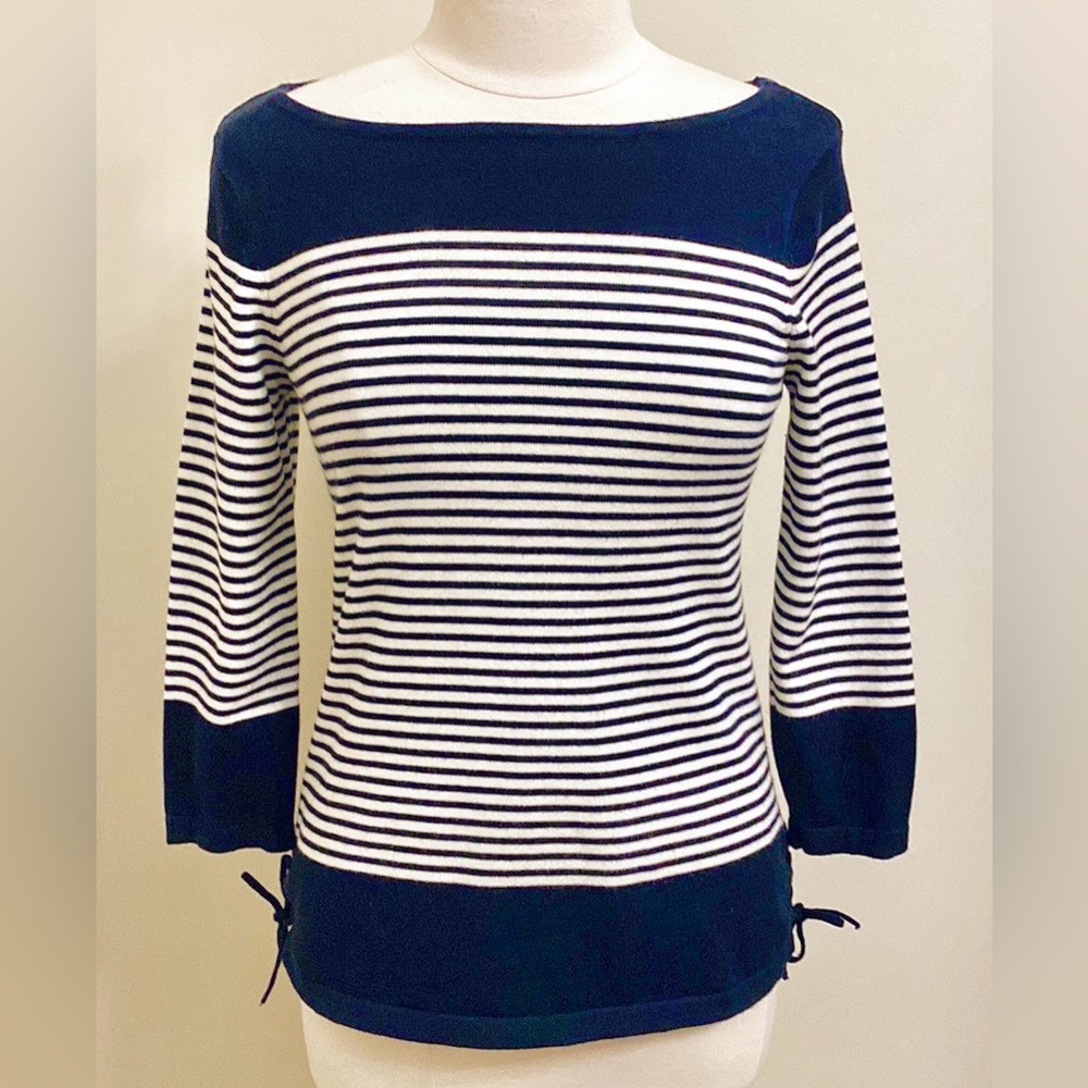 Willi Smith Navy Blue Cream Striped S French Sailor Nautical Coastal Preppy Top